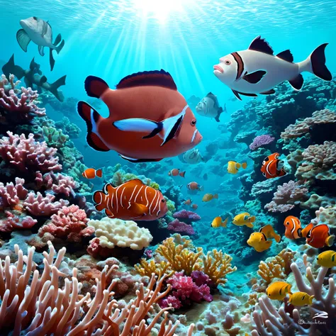 Underwater scene in a beautiful coral reef with clown fish, sharks and grouper fish in the beautiful sunlit water in ultrarealistic detail