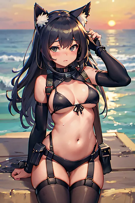 Best quality, masterpiece, super high resolution, single, 1 girl, depth of field, swimsuit, stockings, cat ears, catgirl, beach, sunrise, military, tactical, bikini, belt, pouches, tactical belt, harness, face portrait, artstation