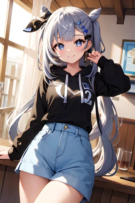 (masterpiece, best quality:1.2),2d, cowboy shot, solo, 1girl, vestia zeta, virtual youtuber, smile, looking at viewer, hair ribbon, hair ornament, Black hoodie,