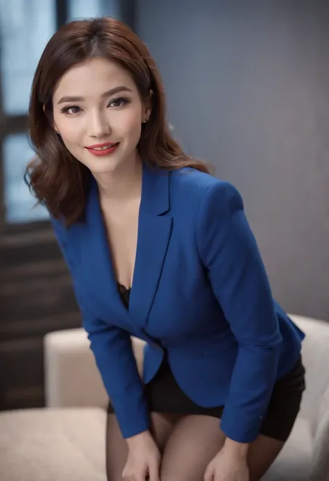 beautiful, 1female, female announcer, blue suit. tight skirt, black pantyhose,tv show background, smile