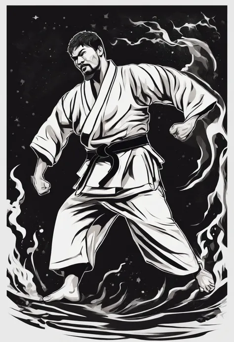 judo fighter illustration for a sticker with a black background, in bold outline style, jagged edges, trashcore, light shading