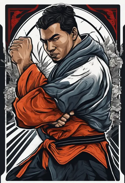 judo fighter illustration for a sticker with a black background, in bold outline style, jagged edges, trashcore, light shading