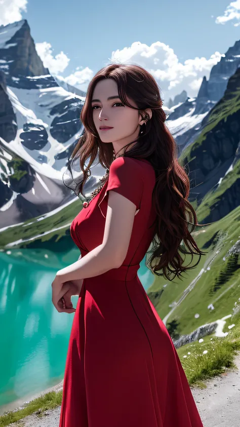 masterpiece,ultra realistic,32k,extremely detailed CG unity 8k wallpaper, best quality,
The Swiss Alps, Switzerland, ( Dark red A-line dress ) ,((spring day )), Beachy waves with a side part ,eardrop,lady ,necklace,