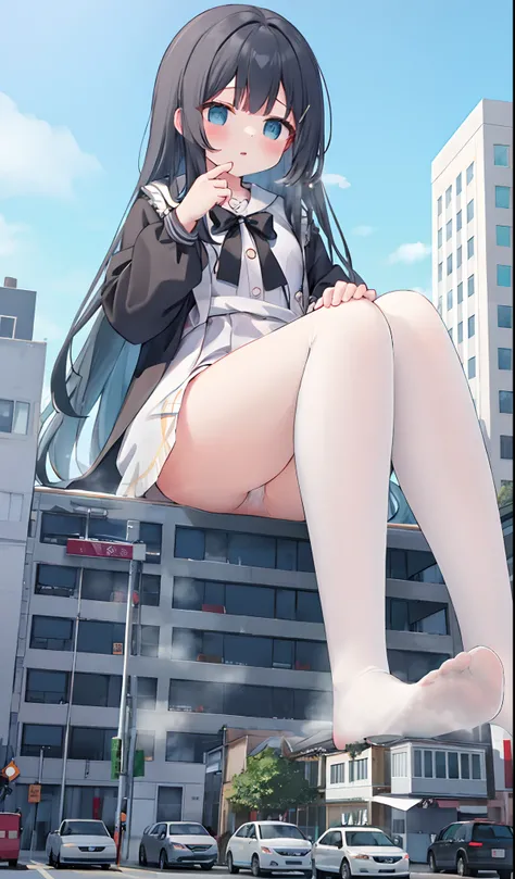 NSFW，Clouds， Masterpiece, Best quality, Highly detailed,Masterpiece,Best quality,offcial art,Extremely detailed Cg Unity 8K wallpaper，{{{Giantess}}}，Giant，1girll，Sit on the groundd，Press the car against the panties，modern miniature city，Destroyed buildings...