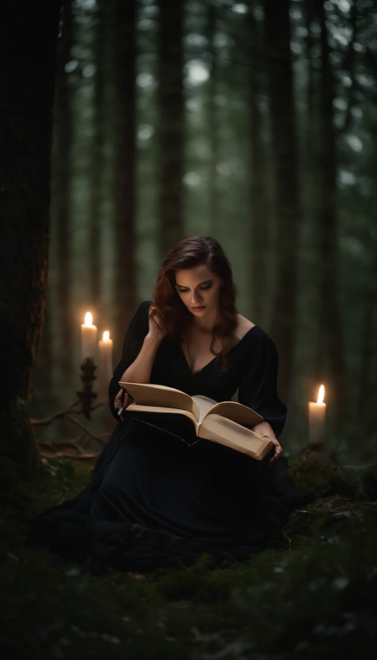 a womone)), sitting on the ground surrounded by books, flying books, books flying around, candles in a circle around her, spell casting, spell book pose, black gothic dress. Angry face, high quality fantasy, flying magic books, book portrait, dramatic read...