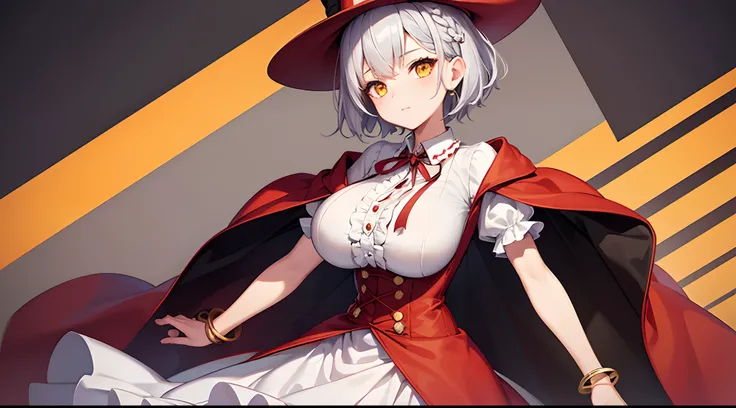 1 girl, game CG, frilled white shirt, short red skirt, cloak, top hat, neck ribbon, bangles, gigantic breasts, silver hair, short hair, french braid, yellow eyes, Halloween background,