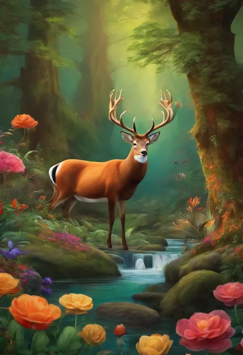 Original colorful forest for 3d painting with nerial animals