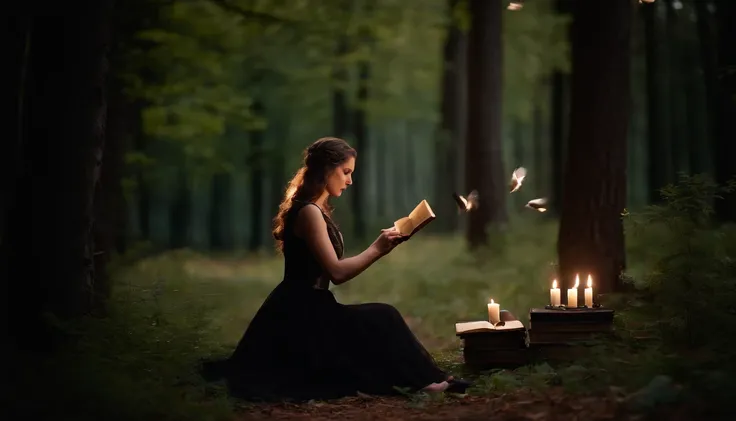 a womone)), sitting on the ground surrounded by books, flying books, books flying around, candles in a circle around her, spell casting, spell book pose, black gothic dress. Angry face, high quality fantasy, flying magic books, book portrait, dramatic read...