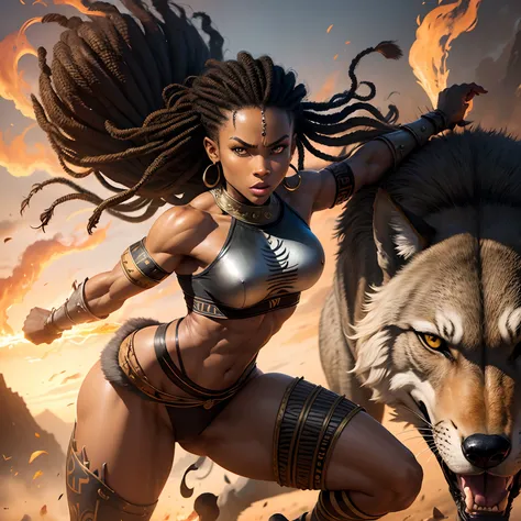 Warrior woman, africaine, physique forte, attirante, Combattante, avec un loup terrifiant