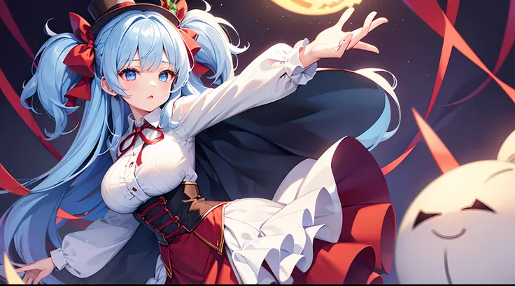 1 girl, game CG, frilled white shirt, short red skirt, cloak, top hat, neck ribbon, string hair ribbon, gigantic breasts, light blue hair, middle hair, two side up, blue eyes, Halloween background,