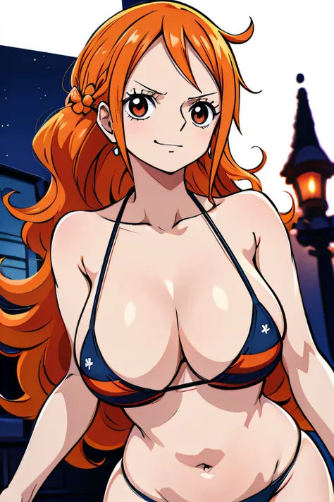 Generar una imagen realista de estilo anime de Nami de One Piece. Captura su apariencia distintiva con cabello naranja, and a cheerful expression. Make sure the image reflects your adventurous and confident personality as shown in the anime..., cuerpo comp...