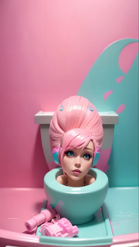 barbie Doll style: Ken. (Pink hair), (Pink and cyan Background), (Toilet, head in toilet), Toy.