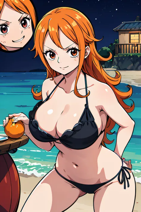 Generar una imagen realista de estilo anime de Nami de One Piece. Captura su apariencia distintiva con cabello naranja, and a cheerful expression. Make sure the image reflects your adventurous and confident personality as shown in the anime..., cuerpo comp...