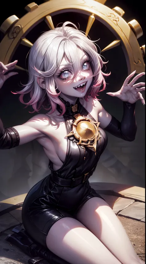 (Obra maestra, La mejor calidad, Ultra detallado), 1girl, BriarLoL, piel gris, cana, pelo corto, (orejas puntiagudas, dientes afilados), Mirando al espectador, (Dynamic pose), sonriente
