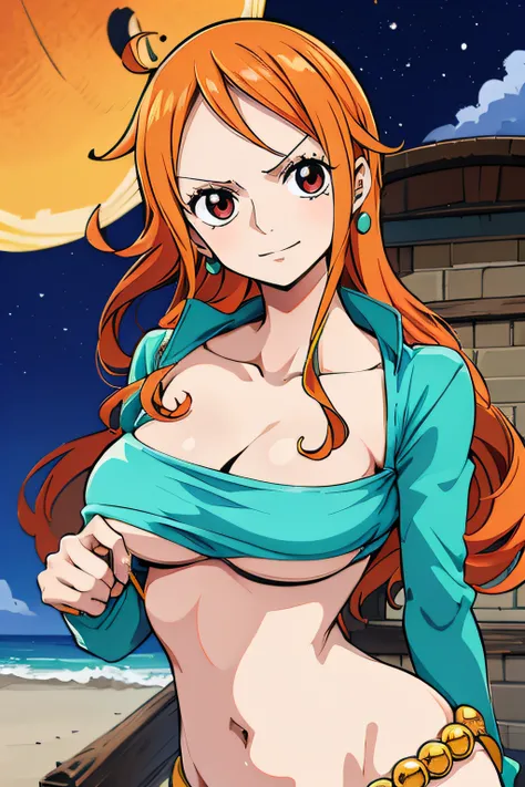 Generar una imagen realista de estilo anime de Nami de One Piece. Captura su apariencia distintiva con cabello naranja, and a cheerful expression. Make sure the image reflects your adventurous and confident personality as shown in the anime..., cuerpo comp...