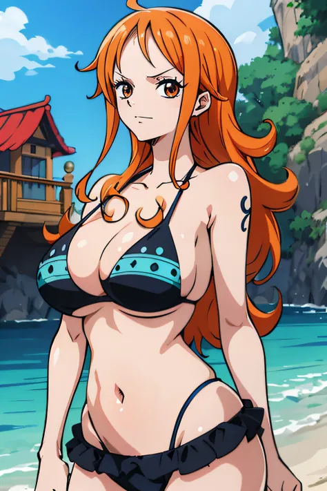 Generar una imagen realista de estilo anime de Nami de One Piece. Captura su apariencia distintiva con cabello naranja, and a cheerful expression. Make sure the image reflects your adventurous and confident personality as shown in the anime..., cuerpo comp...