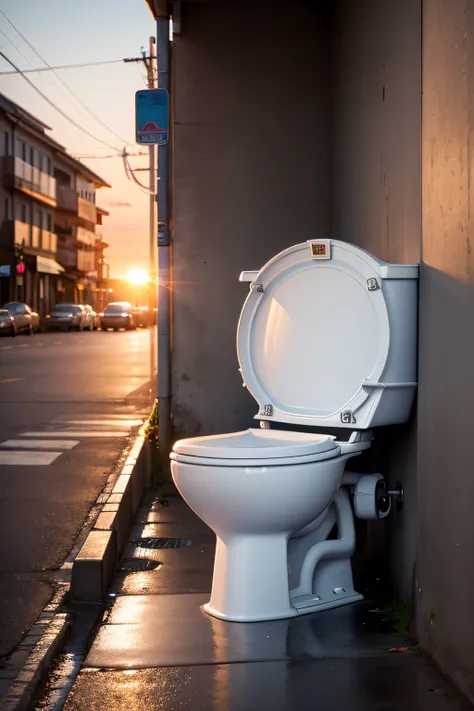 Real photo of a toilet on the street at sunset in high resolution