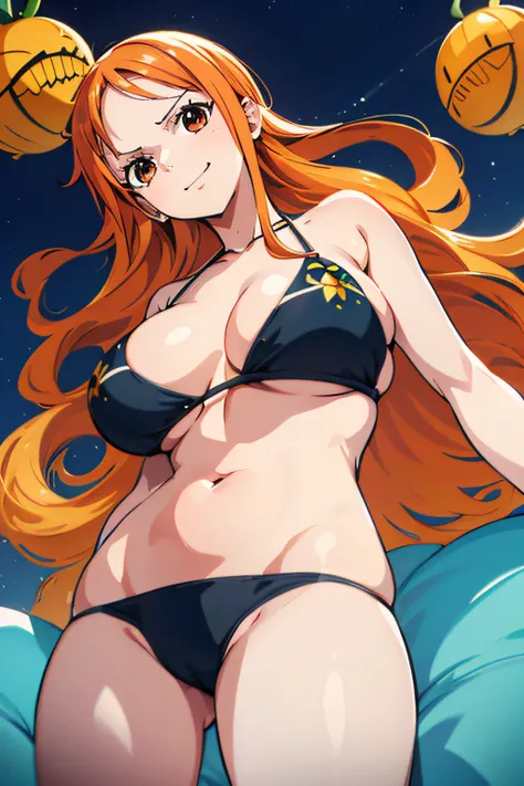 Generar una imagen realista de estilo anime de Nami de One Piece. Captura su apariencia distintiva con cabello naranja, and a cheerful expression. Make sure the picture reflects your adventurous and confident personality as shown in the anime.., cuerpo com...