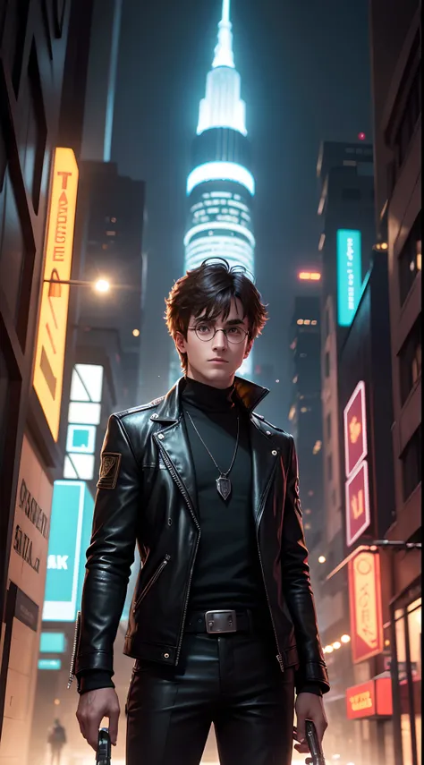 Harry Potter is standing on a street in a futuristic city. The street is lined with neon lights and skyscrapers. Harry is wearing a black leather jacket, sunglasses and a cybernetic arm. He is holding a wand in his right hand and a pistol in his left hand....