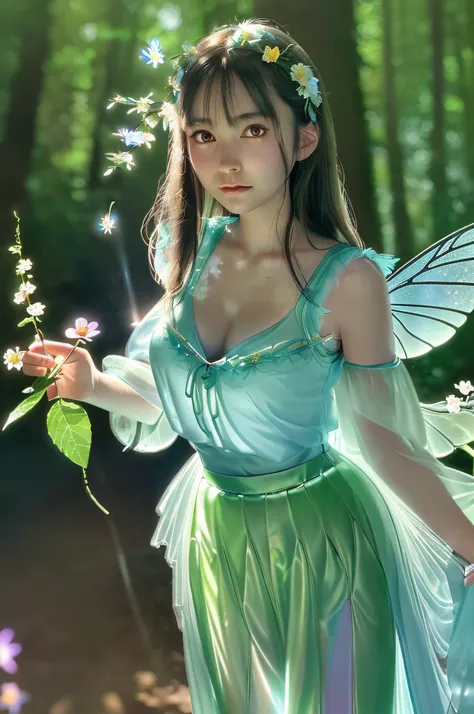 Gradient Eyes, the woods，Night Moon，Mini Cute Flower Fairy, A slender、ring，Skirt made of petals，Huge flowers，Colorful colorful，Transparent and colorful wings, magic wands，closeup cleavage，Optical attenuation，glow effect，depth of fields，Highlight，Real Light...