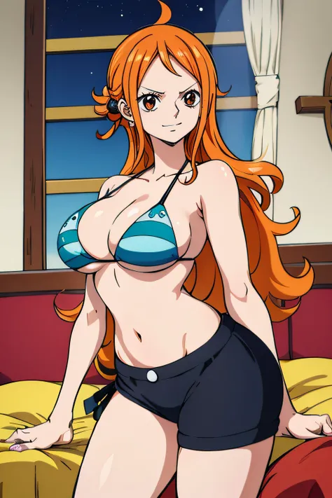 Generar una imagen realista de estilo anime de Nami de One Piece. Captura su apariencia distintiva con cabello naranja, and a cheerful expression. Make sure the image reflects your adventurous and confident personality as shown in the anime..., cuerpo comp...