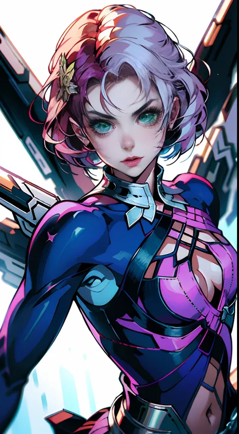 Alisa, cabelos rosa curtos multicor, Symmetrical perfect green eyes, sardas no rosto, rosto bonito, mechanical wings, Tekken