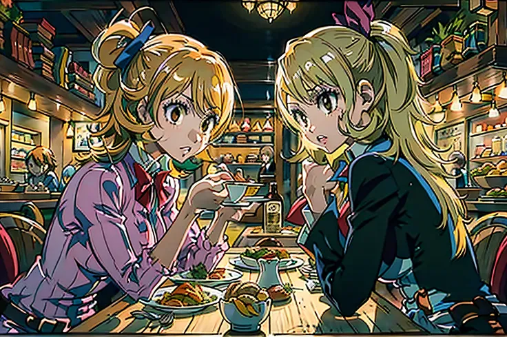 (2 Girls), Lucy Heartfilia and Yukari Takeba, Dining together, fancy restaurant, night time, High Quality, High Detail, Masterpiece, Anime Style