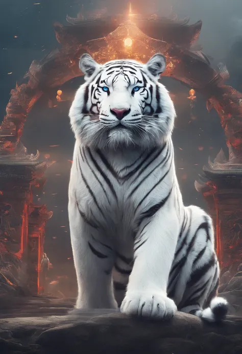 Chinese mythology，White Tiger，deity，ferocious，gigantic，with luminous light，glow effects，the night，Medium view Сцена，body complet, like a， highly detailed surreal vfx，oc render，Shoot with 70mm - AR