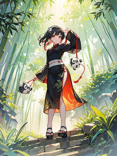 Cute cheongsam girl in bamboo forest，Holding a cute panda in one hand，The picture comes to life，Creative composition，The picture is full of light，Screen transparency，Best quality，tmasterpiece，