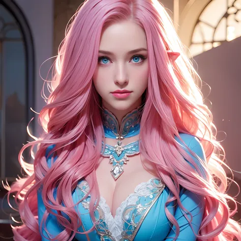 a woman, long curly hair, pink hair, blue eyes, elf