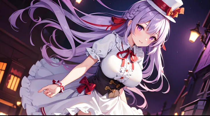 1 girl, game CG, frilled white shirt, short red skirt, cloak, top hat, neck ribbon, hair ribbon, gigantic breasts, light purple hair, long hair, french braid, purple eyes, Halloween background,