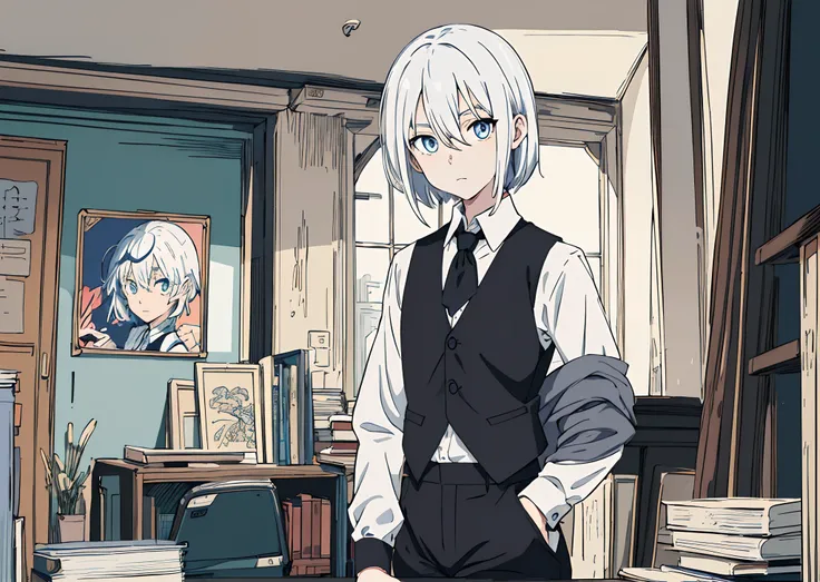 (anime style),masterpiece, best quality,fenglingyuxiu,looking at viewer, white hair,1Girl,SkyBlue eyes,medium hair,hair between eyes,White collared shirt,black collared vest,gray shorts,(flat color),(sharp outline),sit, messy room,books