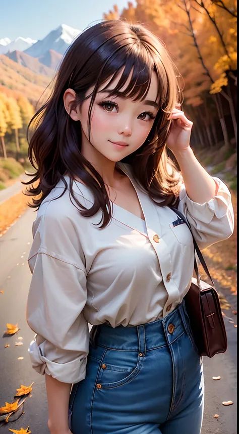 ((Japanese ido))　cute smile face　Duck mouth　Brown hair　whiteshirt　Denim pants　Whip whip　((Date in the mountains of autumn leaves))　Portrait　Looking at the camera　Soft lighting on the face　((Dressing))　Ai Shinozaki