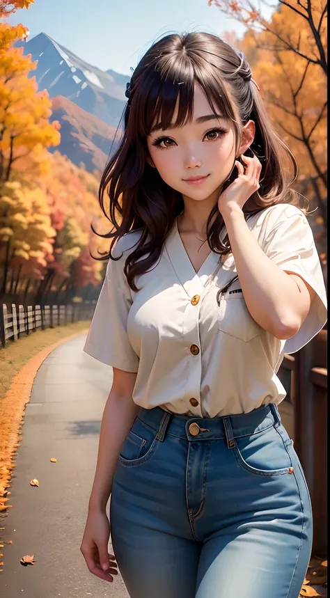 ((Japanese ido))　Japan anime-style drawings　cute smile face　Duck mouth　Brown hair　whiteshirt　Denim pants　Whip whip　((Date in the mountains of autumn leaves))　Portrait　Looking at the camera　Soft lighting on the face　((Dressing))　Ai Shinozaki　She is taking B...