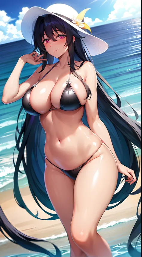 masterpiece, best quality, 1girl, looking at viewer, cute,(seascape), large breasts, pink eyes, himejima akeno,  black hair, long hair,  beautiful detailed eyes, beautiful detailed glow, lots of glow,  embarrassed