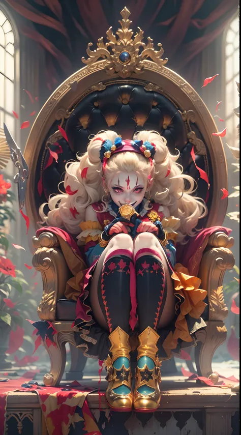 Crazy Clown Emperor，Clown girl colorful, Jester cap,Clown costume, mitts, dark gold hair,Cute,Wavy hair, hair-bun,high-heels。(sitting on golden throne), burst into laughter, (Its all blood), A pair of scissors， Horror,painting-like,Sharp contrast,ominous l...