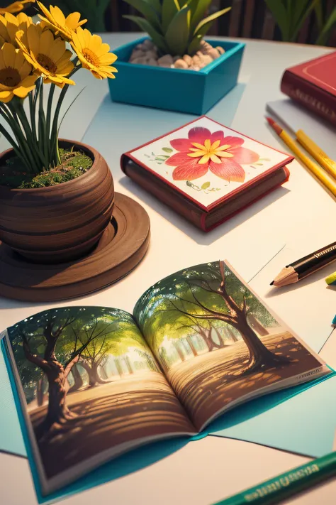 texto 3d "Primeirinhas do Jardim", com flores, livros, colored pencils, pincel e splashs de tinta colorida