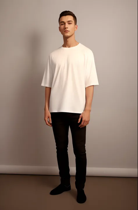 handsom man in a white shirt standing in front of a wall,full white background, fashion, luxury, extra detail, man in white basic oversized tshirt, white t-shirt, white t - shirt, young man with short, white tshirt, dressed in a white t shirt, plain white ...