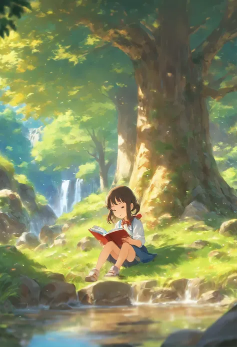 Five-year-old girl reading under a tree,Stream, steins,Far Mountain.