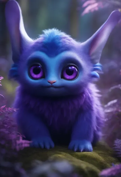 Purple unusual kind monster character for movie. Kind big blue eyes, Lop-eared ears. The background is a fabulous light forest