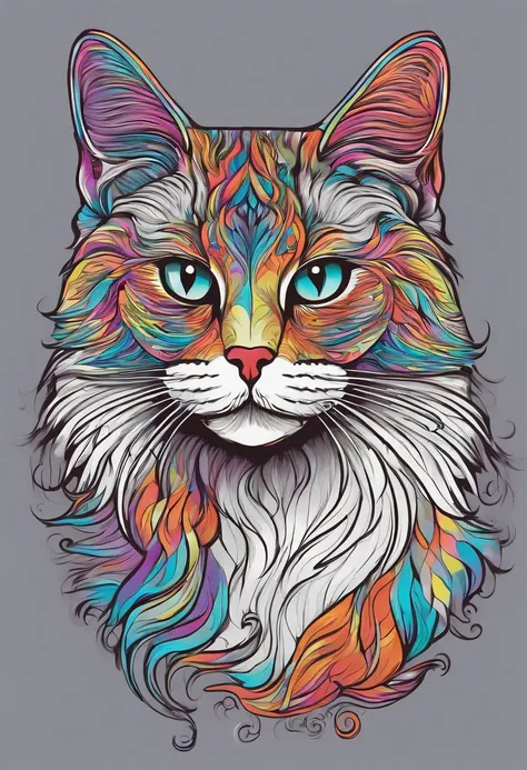 Colorful cat，line-drawing，（without background：1.5），T-shirt logo，Sticker Logo