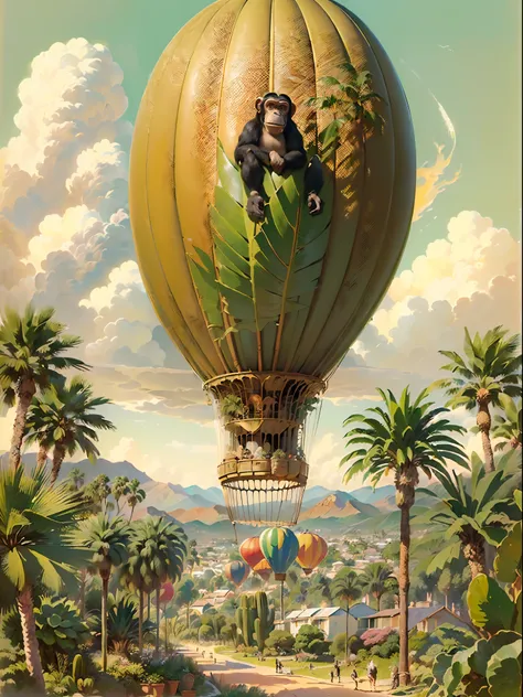 (((melhor qualidade)),, an illustration with a banana-shaped blimp flying over phoenix canariensis palm trees (((blimp with chim...