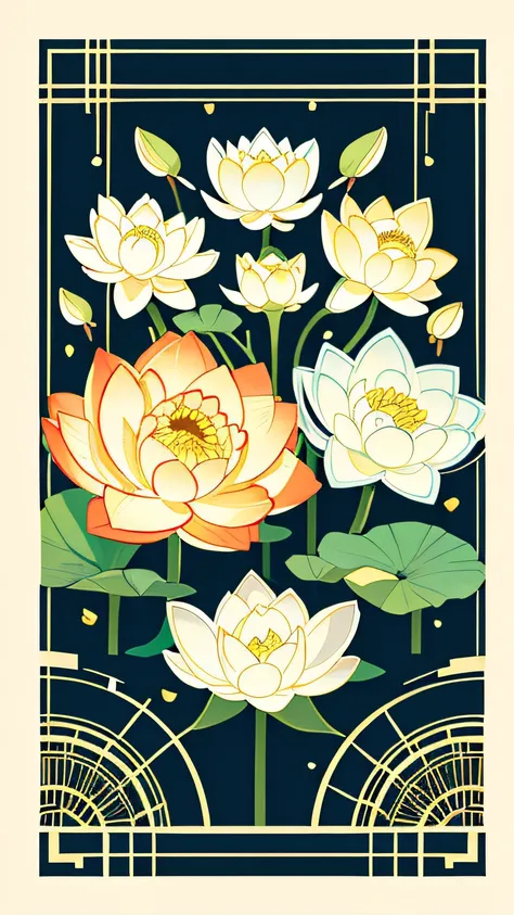 Slight vintage color,planar,,RISO print style,illustration,adolable,Leave white space,low-saturation,Lots of flowers，In the middle is a lotus flower，branches，Printing， a sticker，Random distribution，Lovely drawing style， Color guide，Graphic design，（solid co...