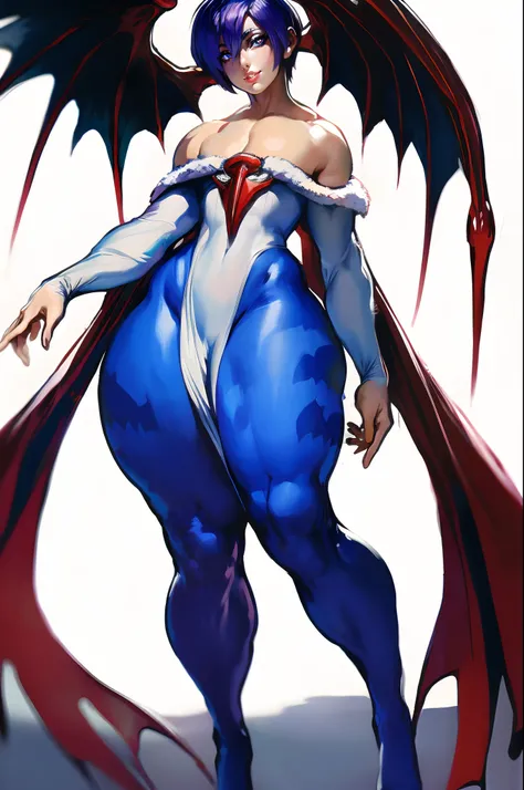 (best quality,masterpiece:1.2),intricate details,beautiful detailed eyes,beautiful detailed lips,extremely detailed eyes and face,longeyelashes,darkstalkers_lilith modeseven,super curvy,comic style,vibrant colors,standing,innocent, full body, standing, smi...