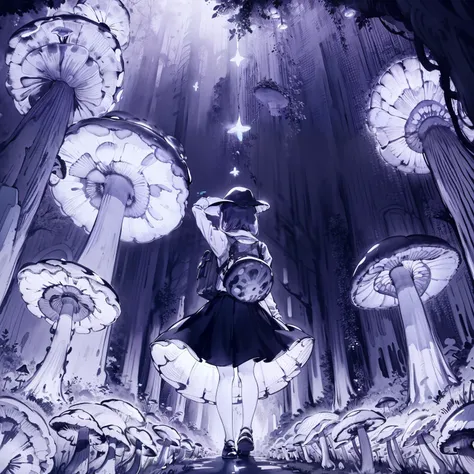 Beautiful and aesthetic,, Solo,Cute,,pleatedskirt，Dance，Cogumelos，Mushrooms，Huge mushrooms，spore，(glowing ambiance, enchanting glow, luminouslighting, Ethereal atmosphere,Watercolor illustration, Perfect anatomy, Masterpiece, Best quality, 1girll, Loli,ele...