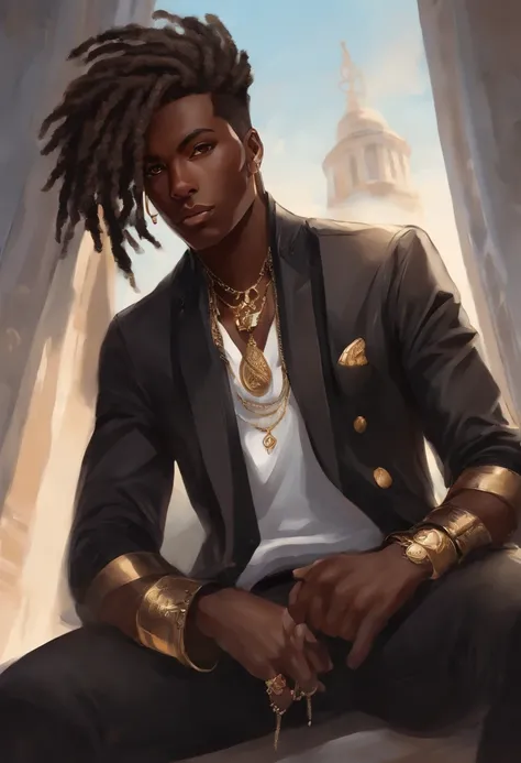 Dark-skinned young man with blue eyes and black jacket, Dreadlocks bleu clair, style dreadlock cheveux, dans un style anime, Colorful sketch, Unrealistic character concept, Personnage concept portrait de moi, detailed character portrait, Personnage de styl...