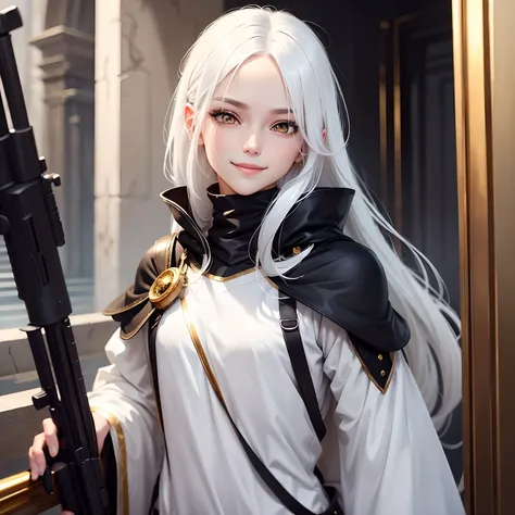 best quality, white hair, gold eyes, black clothes, looking up, upper body, hair strand, Fair skin, smiling, sniper