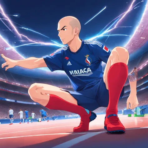 Create an image of Zinedine Zidane in a France shirt. Highlight red socks, and add an arrow pointing at them to emphasize Zidanes superstition.