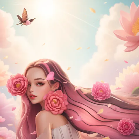 uma mulher com cabelos longos e rosas cor-de-rosa no cabelo, rosas no cabelo, Perky woman made of petals, com flores, mulher nas flores, pink petals fly, com flores congeladas ao seu redor, menina nas flores, A menina feita de flores, lotus floral crown gi...