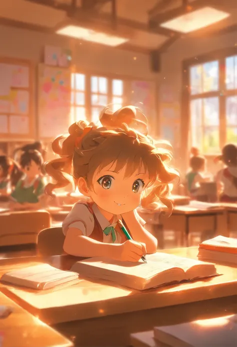 Five-year-old girl in classroom, Study desk,blackboards, book case,Sunlight outside the window